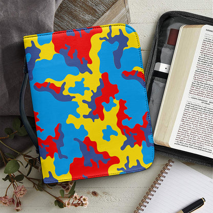 Red Yellow And Blue Camouflage Print Leather Bible Cover