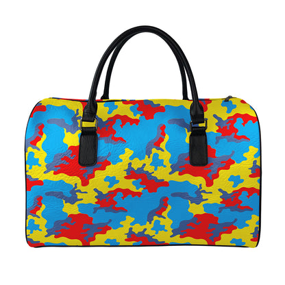 Red Yellow And Blue Camouflage Print Leather Duffle Bag