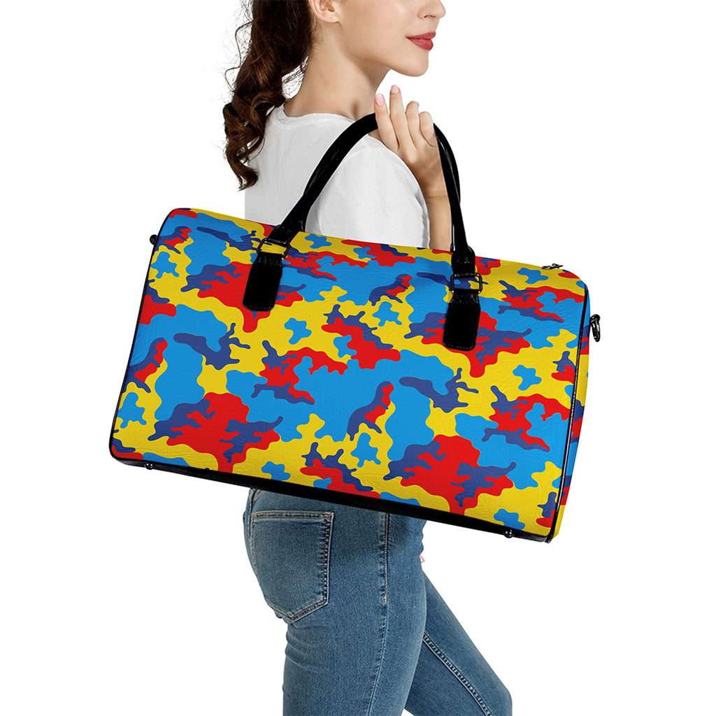 Red Yellow And Blue Camouflage Print Leather Duffle Bag