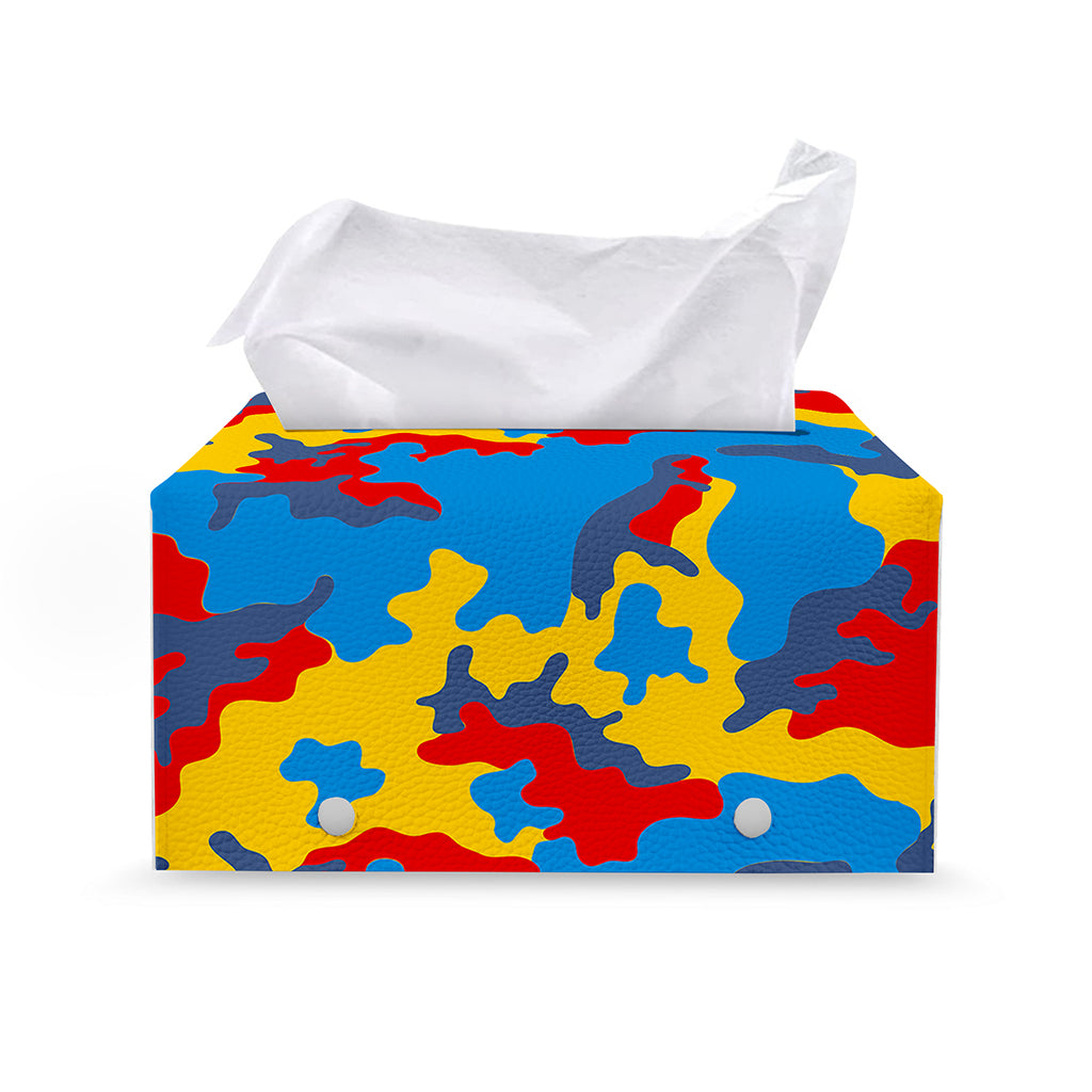Red Yellow And Blue Camouflage Print Leather Tissue Box Cover