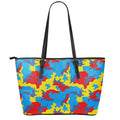 Red Yellow And Blue Camouflage Print Leather Tote Bag With Zipper