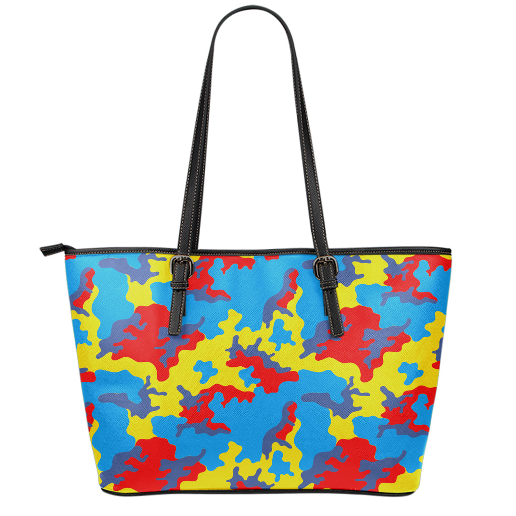 Red Yellow And Blue Camouflage Print Leather Tote Bag