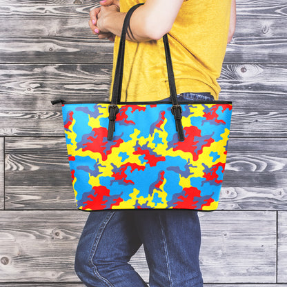 Red Yellow And Blue Camouflage Print Leather Tote Bag