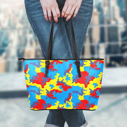 Red Yellow And Blue Camouflage Print Leather Tote Bag