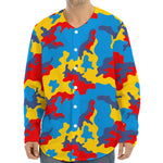Red Yellow And Blue Camouflage Print Long Sleeve Baseball Jersey
