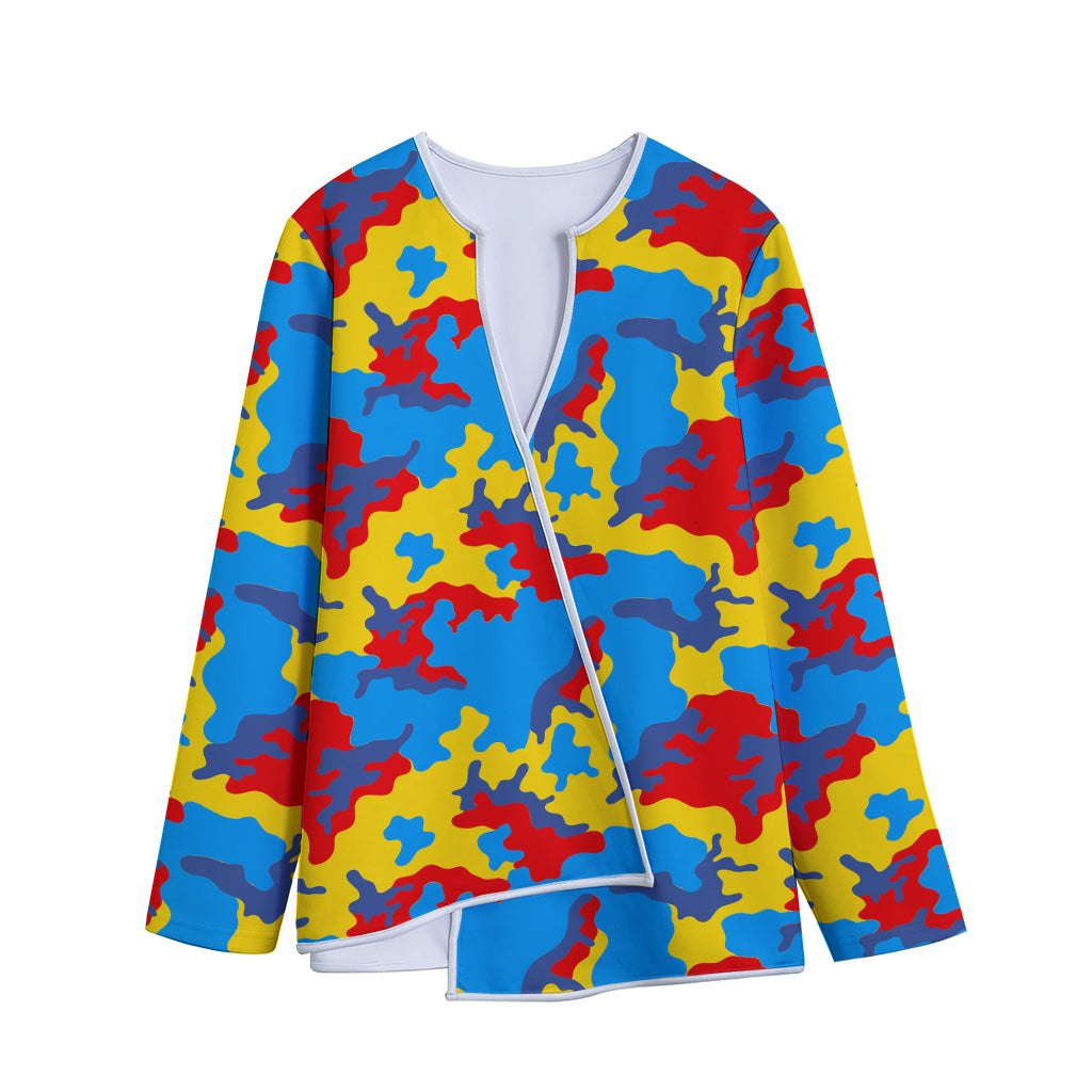 Red Yellow And Blue Camouflage Print Long Sleeve Short Coat