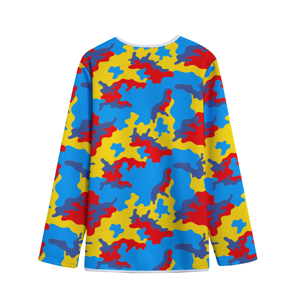 Red Yellow And Blue Camouflage Print Long Sleeve Short Coat