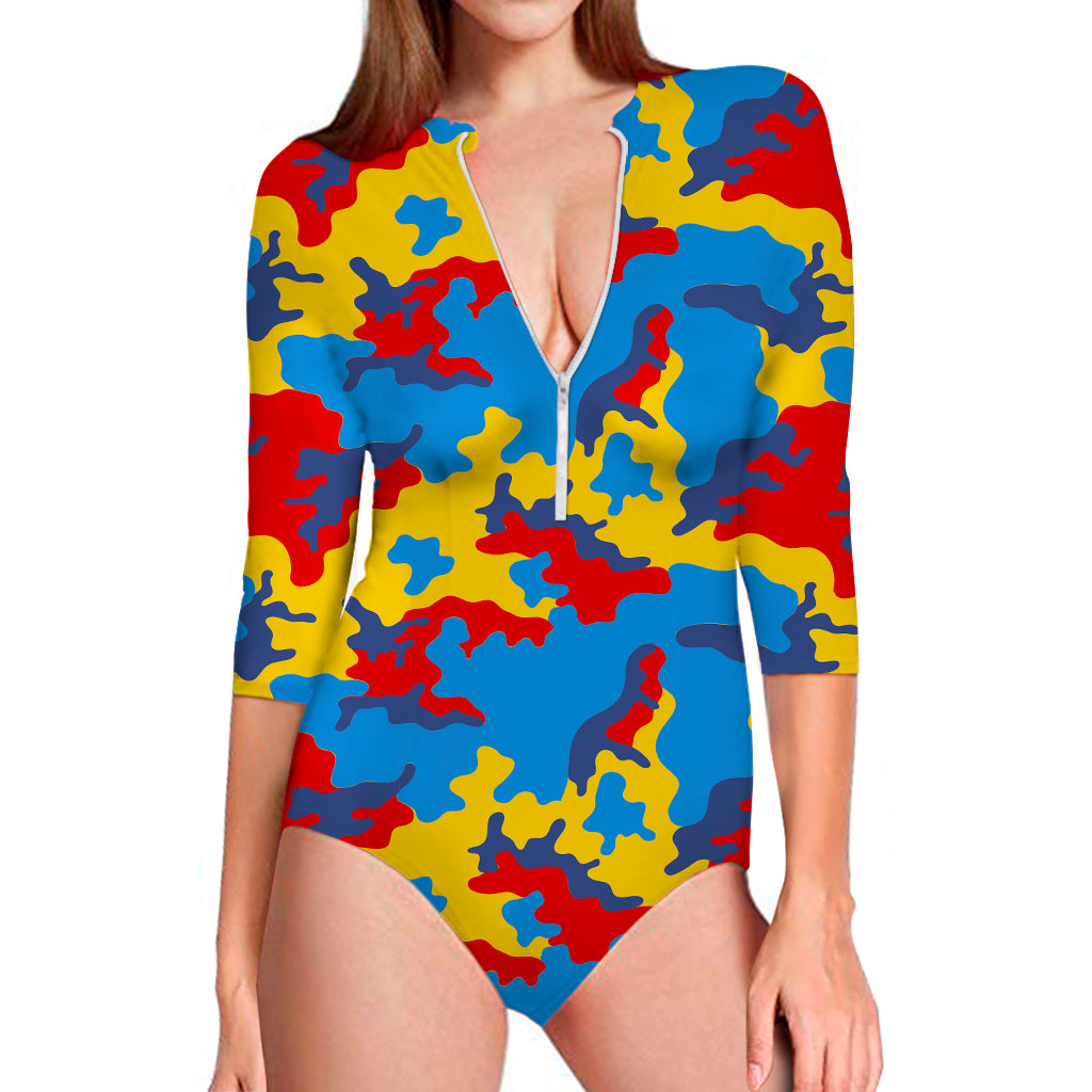 Red Yellow And Blue Camouflage Print Long Sleeve Swimsuit