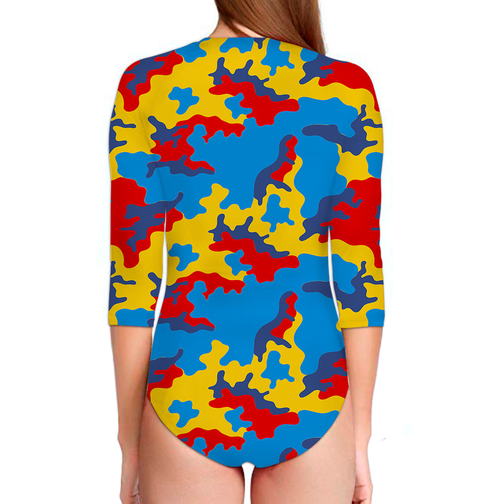 Red Yellow And Blue Camouflage Print Long Sleeve Swimsuit