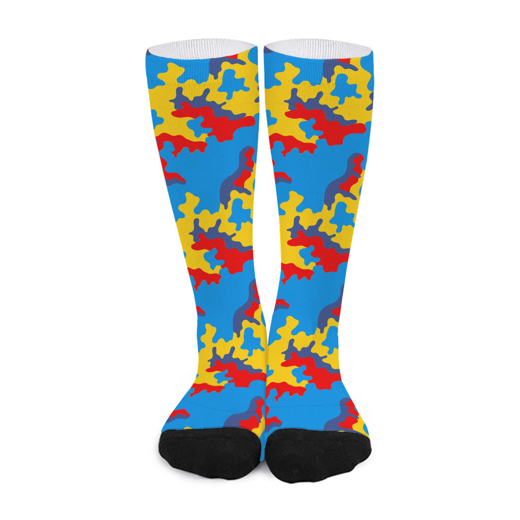 Red Yellow And Blue Camouflage Print Long Socks