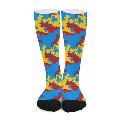 Red Yellow And Blue Camouflage Print Long Socks
