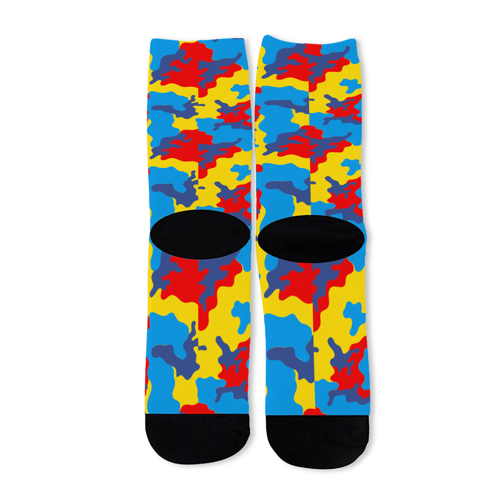 Red Yellow And Blue Camouflage Print Long Socks
