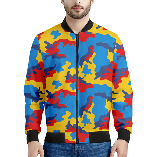 Red Yellow And Blue Camouflage Print Men's Bomber Jacket