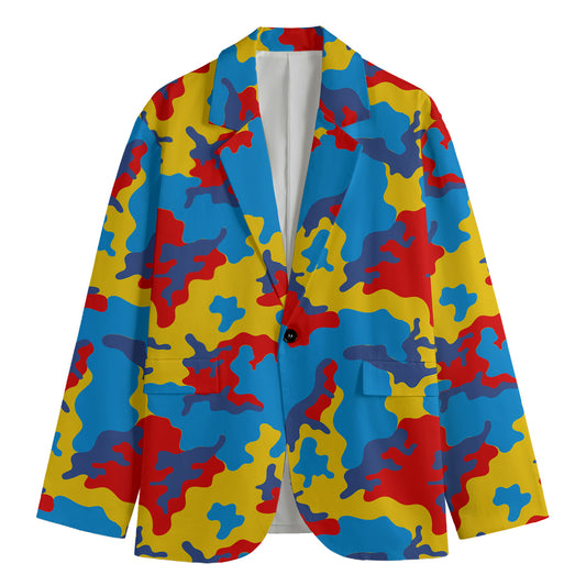 Red Yellow And Blue Camouflage Print Men's Cotton Blazer