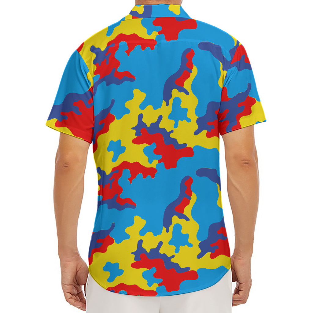 Red Yellow And Blue Camouflage Print Men's Deep V-Neck Shirt
