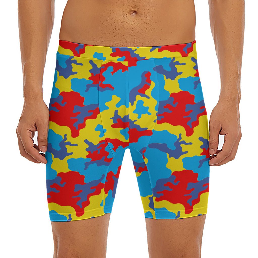 Red Yellow And Blue Camouflage Print Men's Long Boxer Briefs
