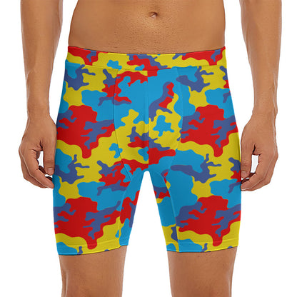 Red Yellow And Blue Camouflage Print Men's Long Boxer Briefs