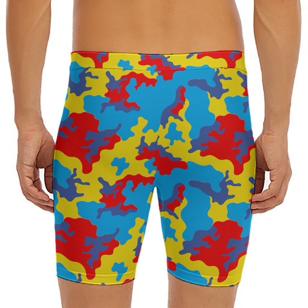 Red Yellow And Blue Camouflage Print Men's Long Boxer Briefs