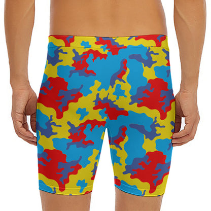 Red Yellow And Blue Camouflage Print Men's Long Boxer Briefs