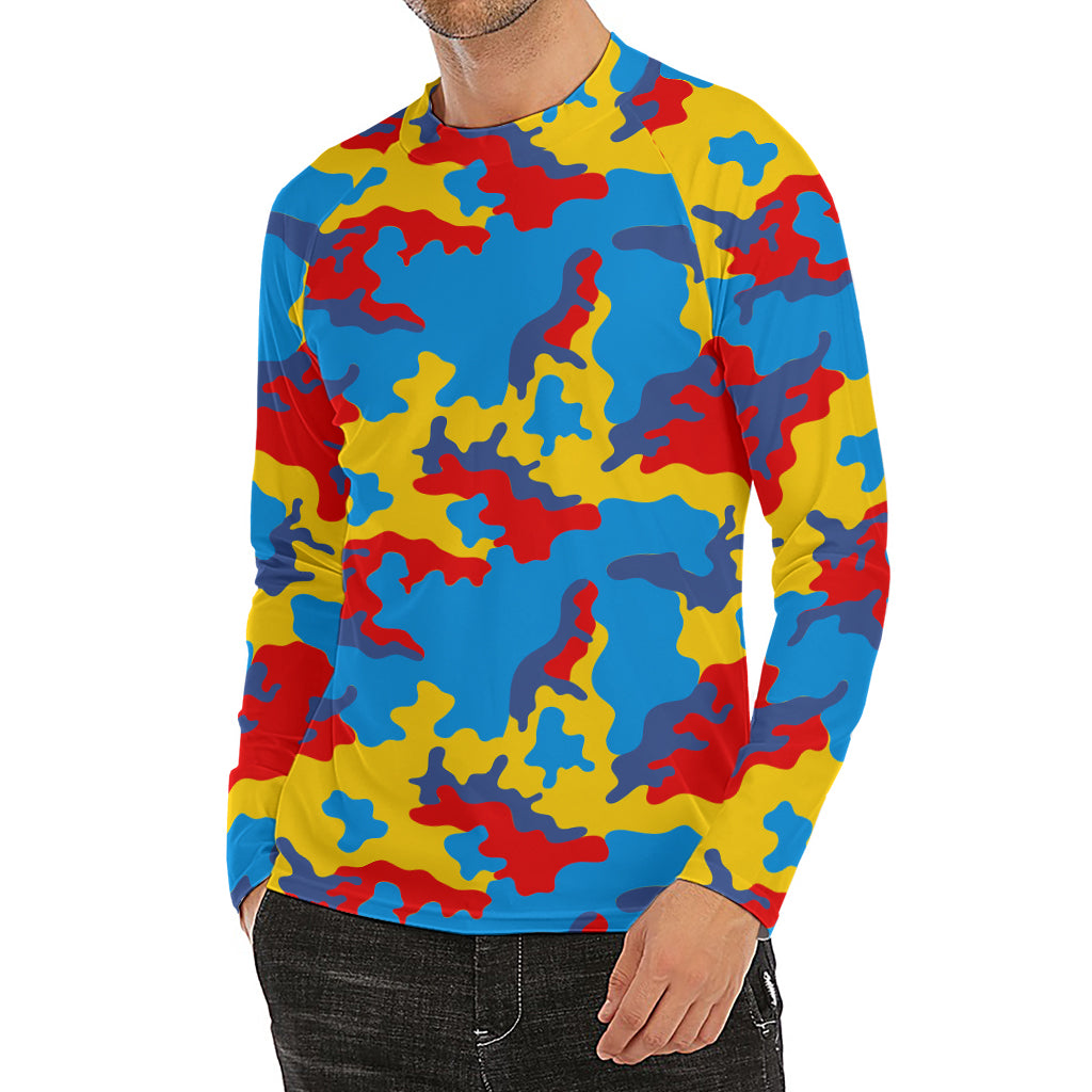 Red Yellow And Blue Camouflage Print Men's Long Sleeve Rash Guard