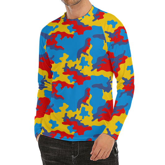 Red Yellow And Blue Camouflage Print Men's Long Sleeve Rash Guard