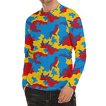 Red Yellow And Blue Camouflage Print Men's Long Sleeve Rash Guard