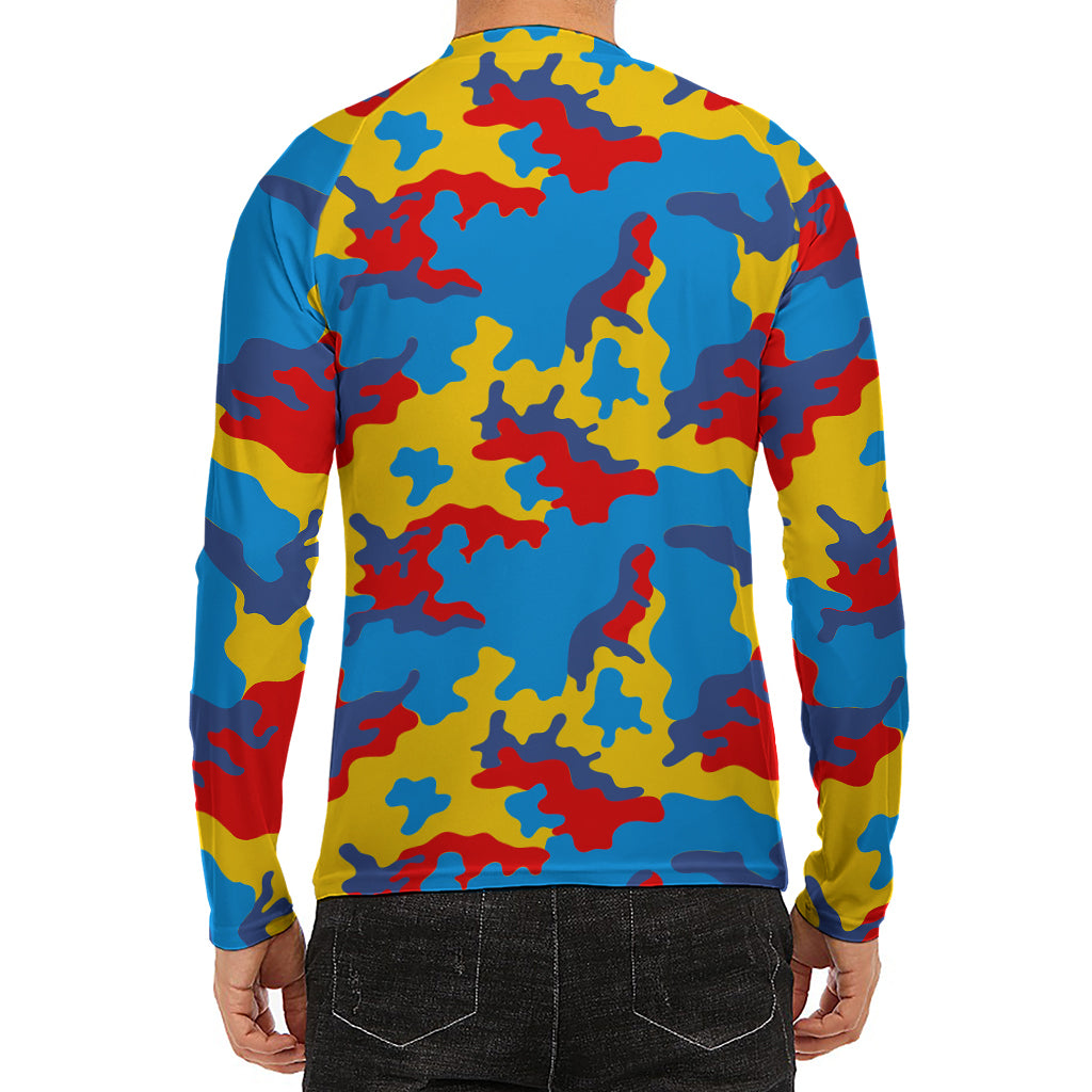 Red Yellow And Blue Camouflage Print Men's Long Sleeve Rash Guard