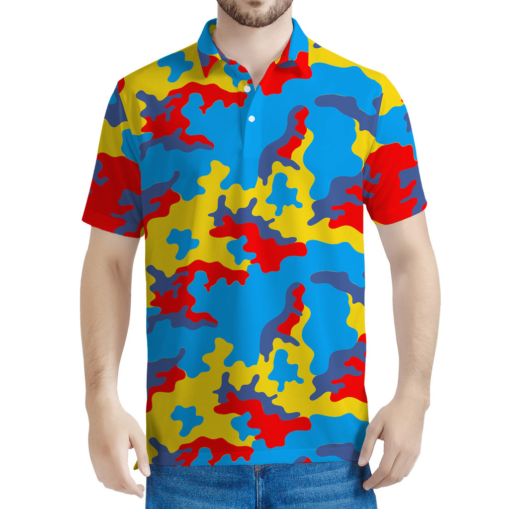 Red Yellow And Blue Camouflage Print Men's Polo Shirt