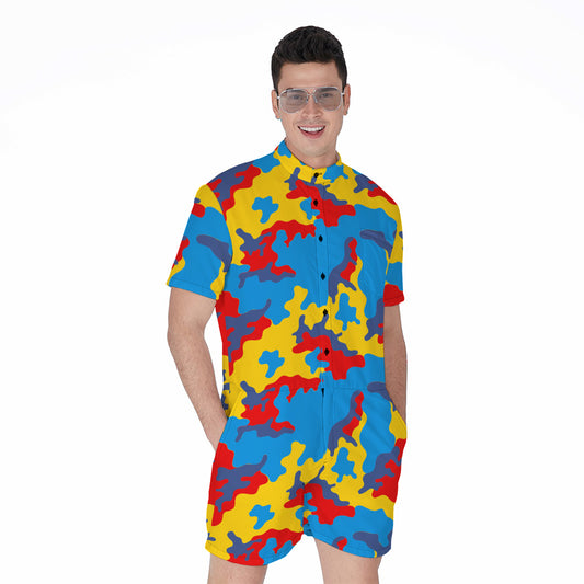 Red Yellow And Blue Camouflage Print Men's Rompers
