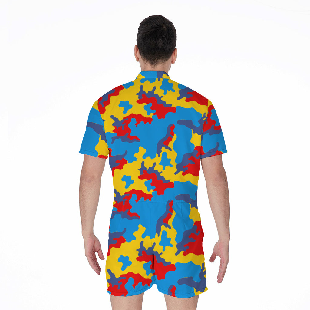 Red Yellow And Blue Camouflage Print Men's Rompers