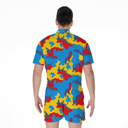 Red Yellow And Blue Camouflage Print Men's Rompers