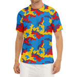 Red Yellow And Blue Camouflage Print Men's Short Sleeve Rash Guard