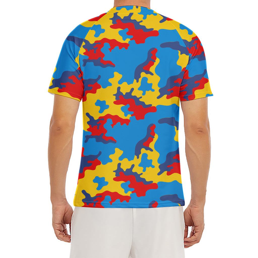 Red Yellow And Blue Camouflage Print Men's Short Sleeve Rash Guard