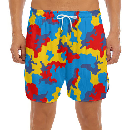 Red Yellow And Blue Camouflage Print Men's Split Running Shorts