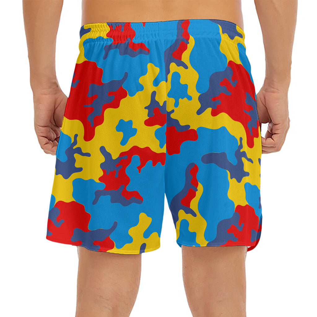Red Yellow And Blue Camouflage Print Men's Split Running Shorts