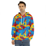 Red Yellow And Blue Camouflage Print Men's Velvet Pullover Hoodie