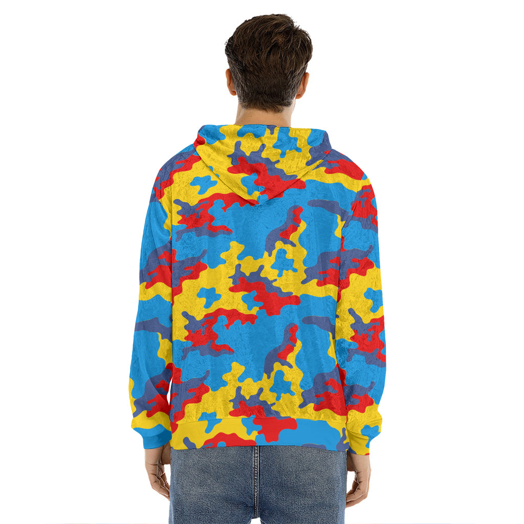Red Yellow And Blue Camouflage Print Men's Velvet Pullover Hoodie