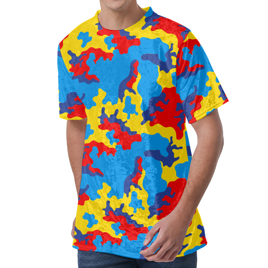Red Yellow And Blue Camouflage Print Men's Velvet T-Shirt