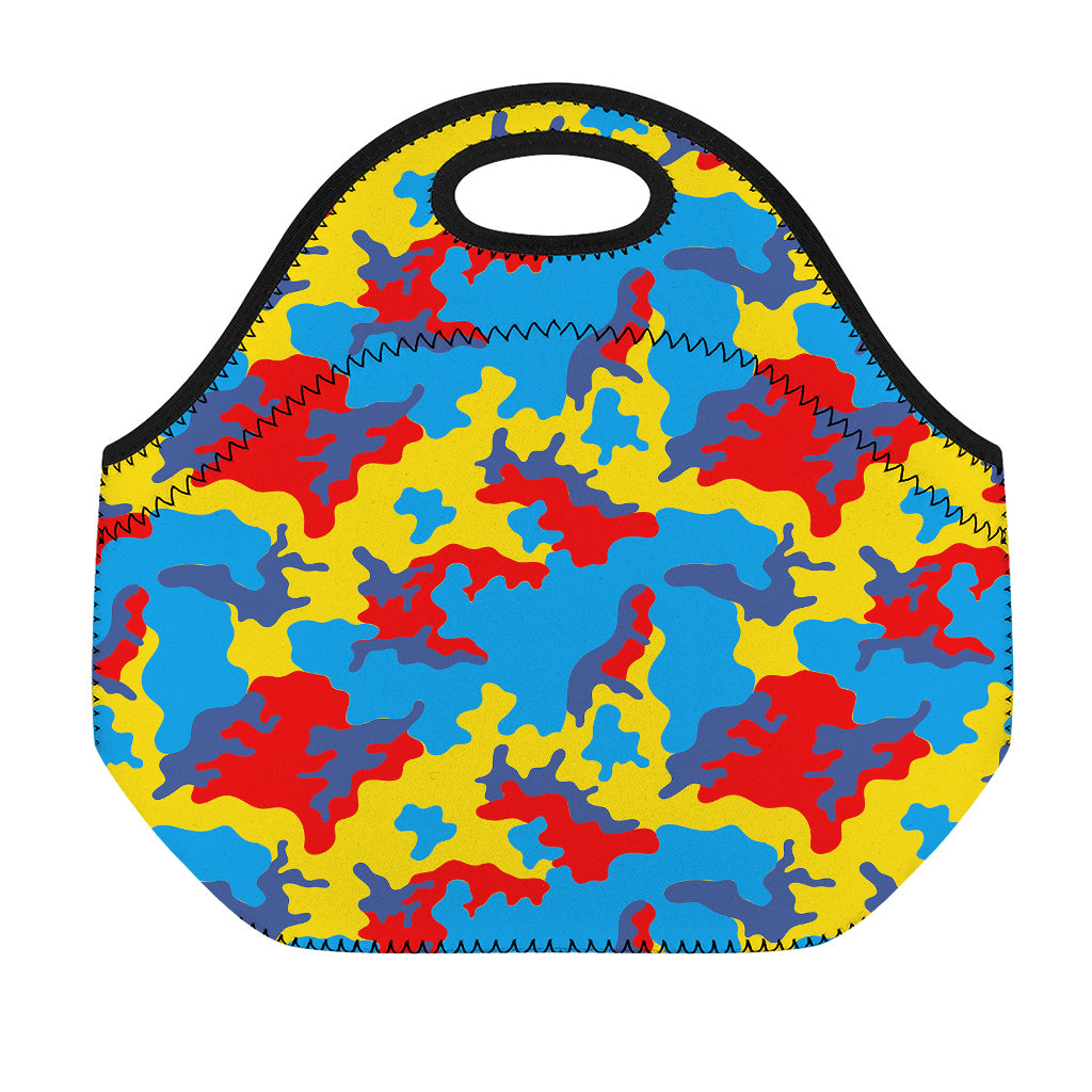 Red Yellow And Blue Camouflage Print Neoprene Lunch Bag