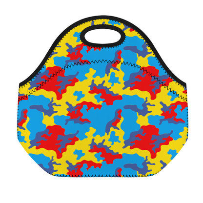Red Yellow And Blue Camouflage Print Neoprene Lunch Bag