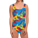 Red Yellow And Blue Camouflage Print One Piece Swimsuit
