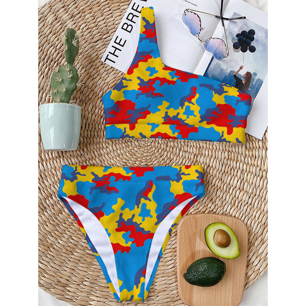 Red Yellow And Blue Camouflage Print One Shoulder Bikini Top