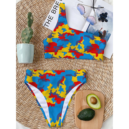 Red Yellow And Blue Camouflage Print One Shoulder Bikini Top