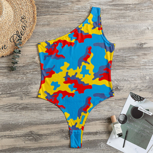 Red Yellow And Blue Camouflage Print One Shoulder Bodysuit