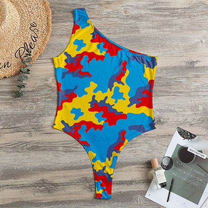 Red Yellow And Blue Camouflage Print One Shoulder Bodysuit