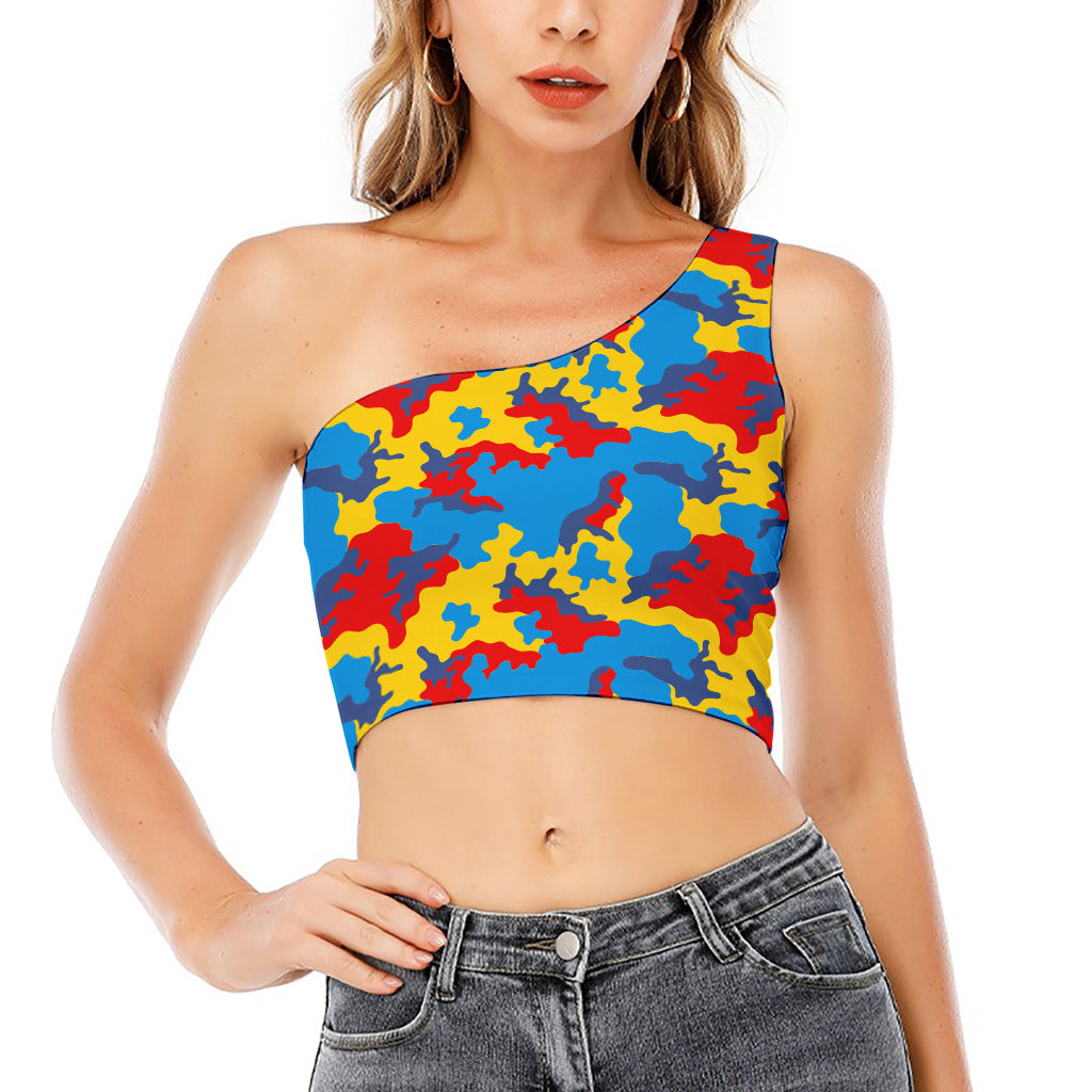 Red Yellow And Blue Camouflage Print One Shoulder Crop Top