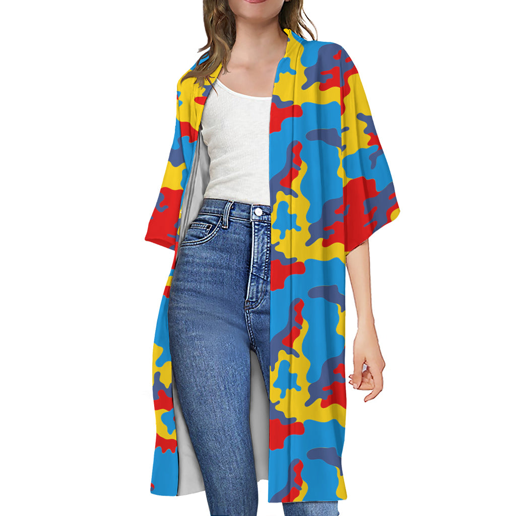 Red Yellow And Blue Camouflage Print Open Front Beach Cover Up