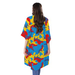 Red Yellow And Blue Camouflage Print Open Front Beach Cover Up