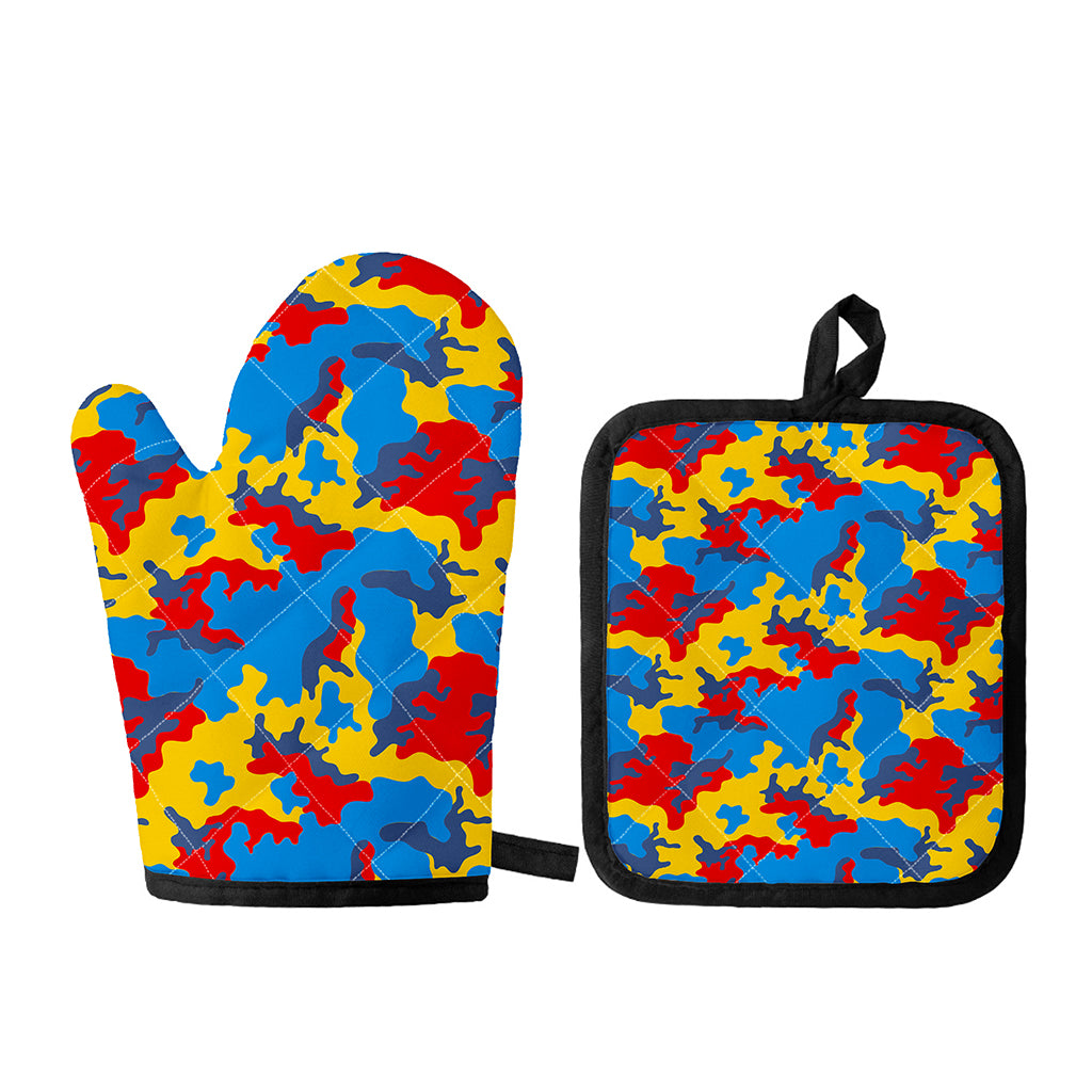 Red Yellow And Blue Camouflage Print Oven Mitt And Pot Holder Set