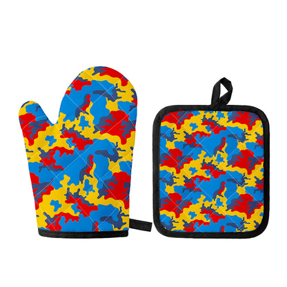 Red Yellow And Blue Camouflage Print Oven Mitt And Pot Holder Set